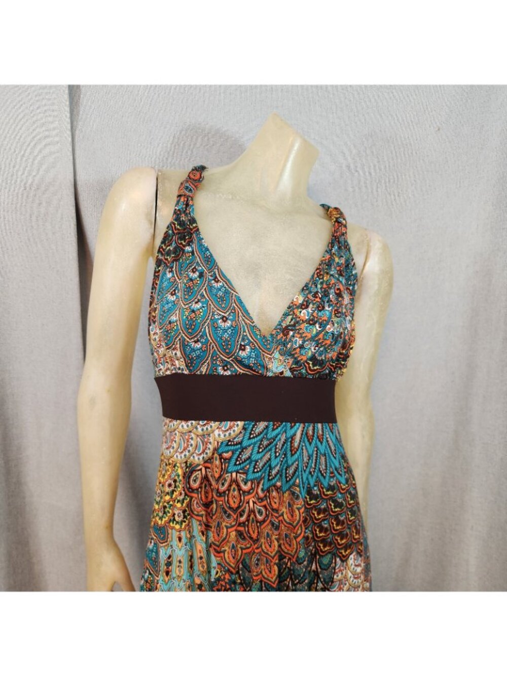 Libian Orange Brown Green Boho V Neck Slvlss Maxi Dress 3XL 3XLARGE USA - Picture 2 of 8